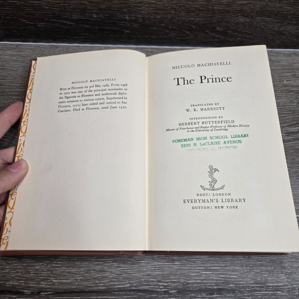 Niccolò Machiavelli The Prince Everyman's Library Series HC 1968 W.K. Marriott